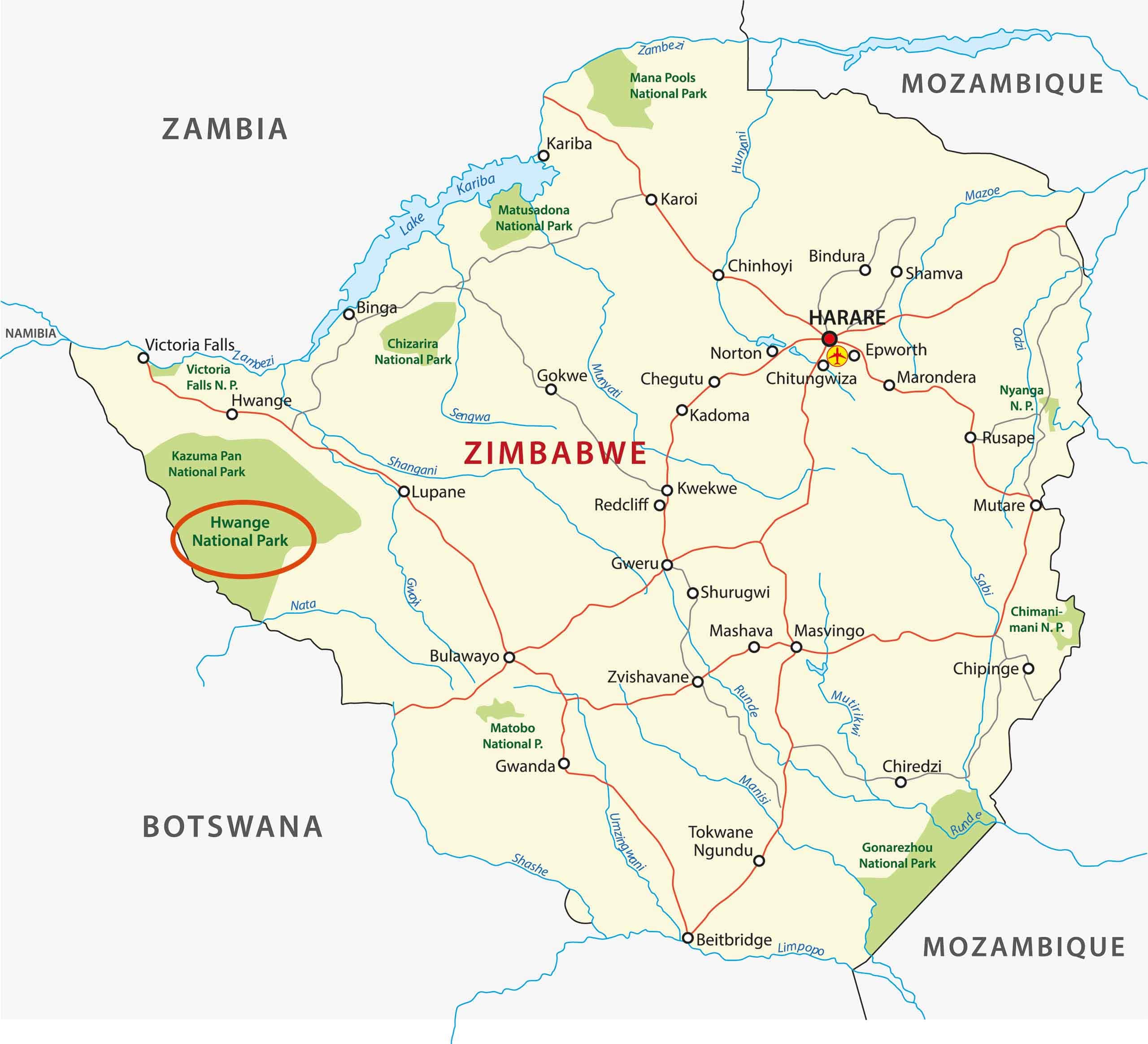 map Hwange Mana Pools map